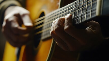 Fototapeta premium Musician’s Hand Playing a Guitar: A musician's hand strumming a guitar, with focus on the strings and hand movements. 