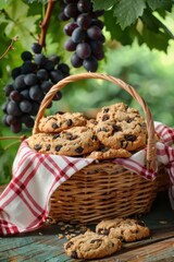 Raisin cookies in basket with fresh grape fruit