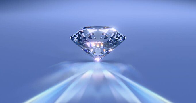 Diamond rotate shining on reflective surface with colorful caustics rays. 4K 3D rendering looped animation.