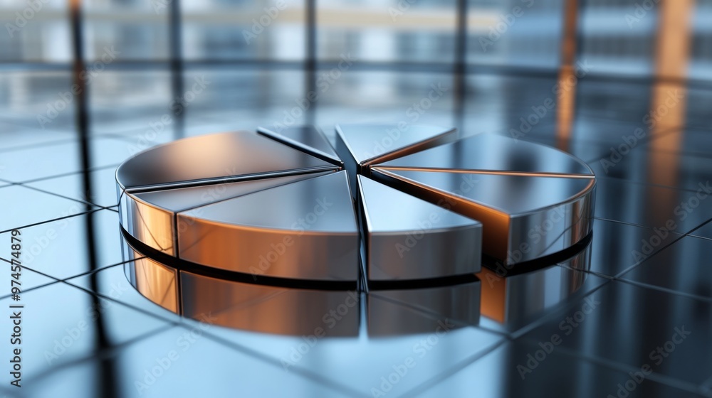 Poster a dynamic 3d pie chart with metallic segments, arranged on a reflective surface, representing financ
