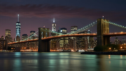 Brooklyn Bridge and Manhattan skyline at twilight, city lights reflecting on water.