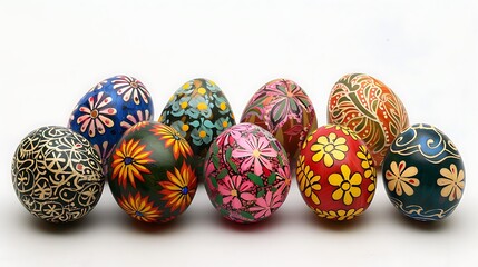 Traditional Polish pisanki Easter eggs, with intricate designs meticulously painted or etched on the shells. The scene captures the artistry and cultural importance of this Easter tradition, 