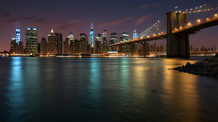 Brooklyn Bridge and Manhattan skyline at twilight, city lights reflecting on water.