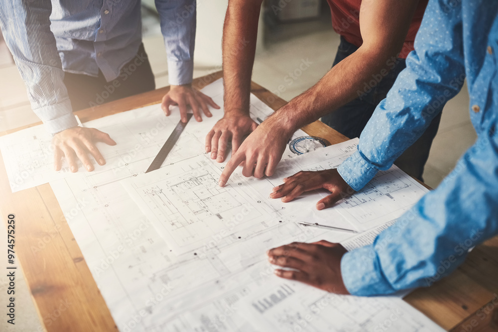 Poster hands, design and architect in workshop for blueprint, drawing and measurement for building. people,