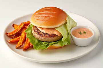 Grilled turkey burger on a lettuce wrap, served with a side of sweet potato fries and a light dipping sauce