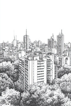 Asuncin, Paraguay, black and white pen pencil hand-drawn effect portrait drawing illustration for travel poster, card, wallpaper, backdrop or banner. Modern, clear, artistic and simple