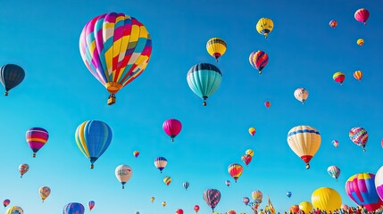 Brightly colored balloons floating against a clear blue sky at a lively outdoor festival, with people smiling below.
