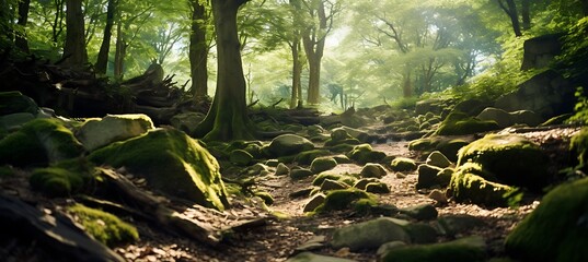 A sun-dappled forest clearing with ancient trees and serene atmosphere.
