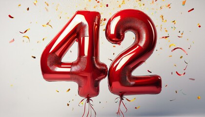 Red birthday / anniversary balloon, number 42, white background with confetti