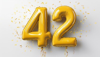 Yellow birthday / anniversary balloon, number 42, white background with confetti