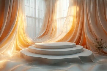 elegant white podium on billowing silk curtains soft sunlight streaming through diaphanous fabric minimalist luxury product display ethereal atmosphere