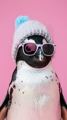 Fototapeta premium A penguin in a knitted hat, scarf and sunglasses on a solid pink background. It presents a stylish winter concept.