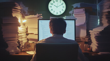 Tired office worker at desk late at night, surrounded by stacks of papers and computer screen, clock shows 10 PM, long workplace hours, professional work environment.