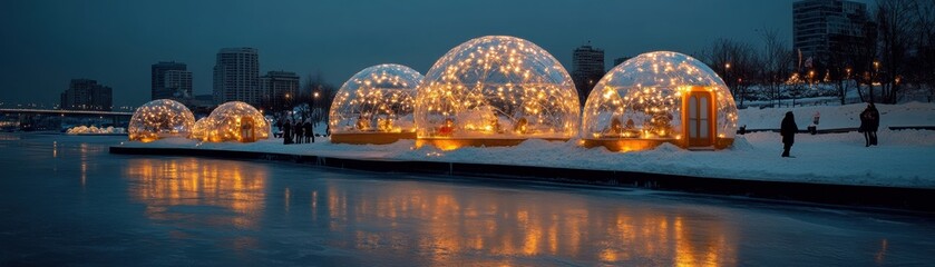Glowing dome-shaped structures line a frozen riverbank in a snowy cityscape at dusk, reflecting warm light on the icy surface.