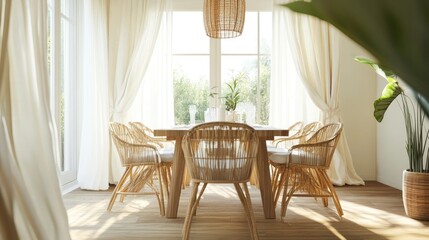 A bright dining room with eco-conscious bamboo chairs, a table made from reclaimed wood, and linen curtains