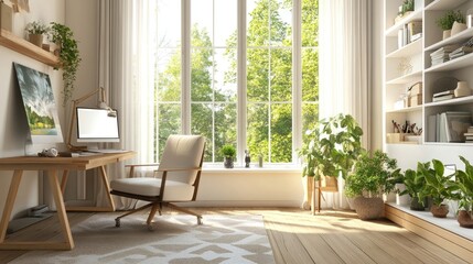A bright home office with a large window and a comfortable reading chair