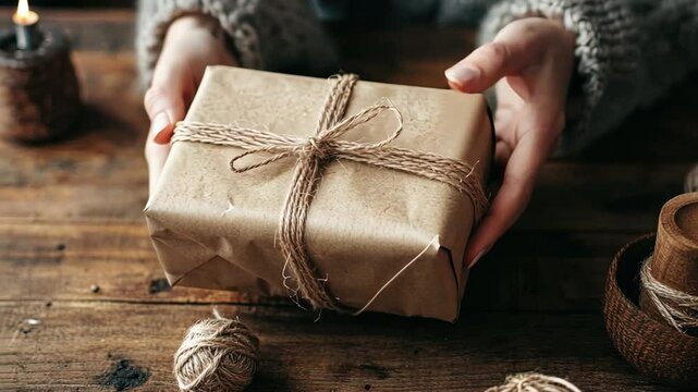 A close-up of hands wrapping a gift with recycled paper and twine, highlighting sustainable choices in everyday actions.