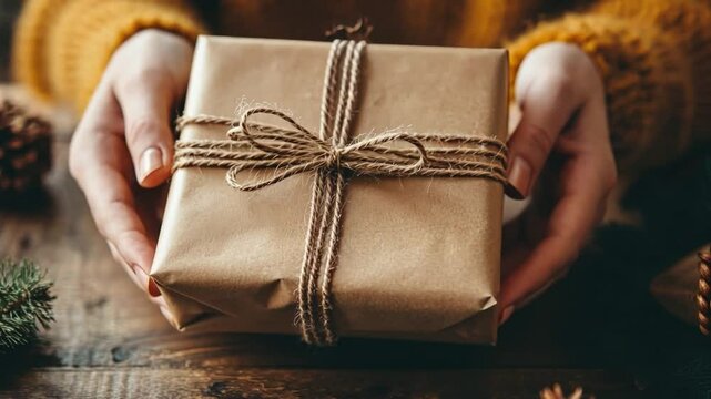 A close-up of hands wrapping a gift with recycled paper and twine, highlighting sustainable choices in everyday actions.