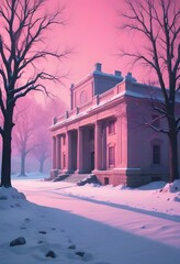 Obraz premium 35mm film photography, A snowy winter scene with a neoclassical style building in the background, surrounded by a snow-draped stone wall, bare trees in the foreground, a bright clear sky with the sun 