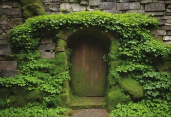 Naklejka premium Wooden door in an ancient stone wall
