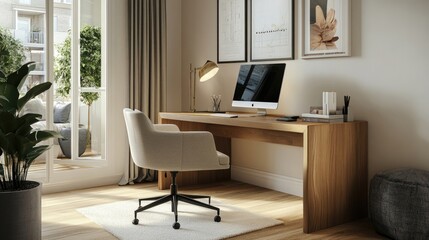 Fototapeta premium A chic home office with a minimalist desk and ergonomic chair