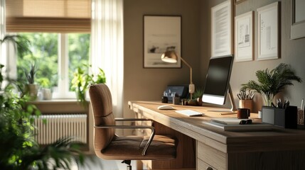 Fototapeta premium A chic home office with a desk made from sustainable wood and stylish accessories