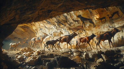 Obraz premium The ancient cave paintings of Lascaux, with detailed depictions of animals and symbols created by prehistoric artists. The scene captures the historical and cultural significance of these ancient 