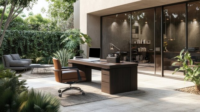 A chic outdoor workspace with a stylish desk and comfortable seating