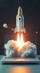The launch of a rocket from a laptop screen, surrounded by smoke, symbolizes the impact of technology and innovation