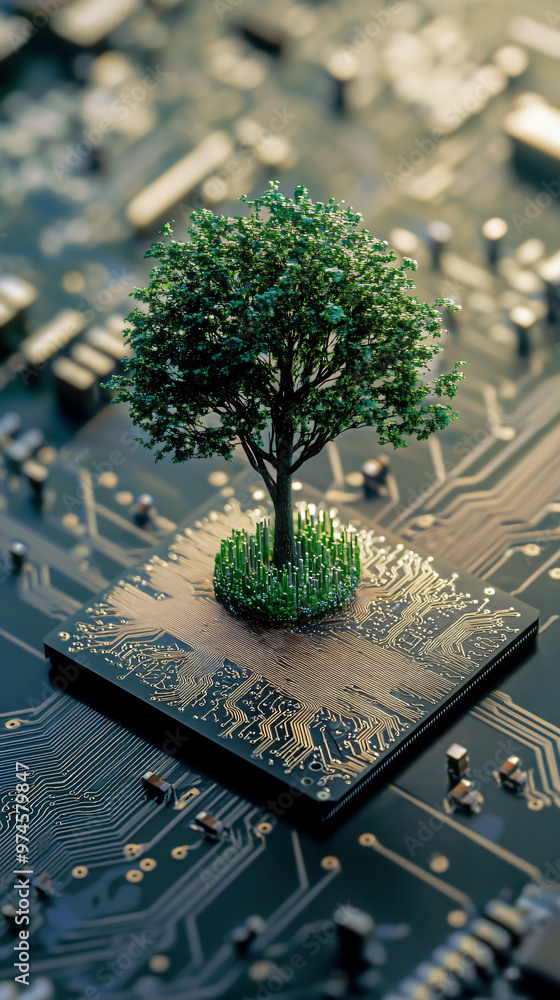 Aufkleber microchip on a circuit board is nurturing a single tree, symbolizing the need for environmental resp