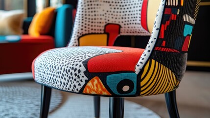 A close-up of a unique dining chair with bold colors and patterns