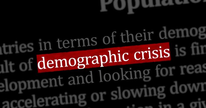 Demographic crisis global population problem news titles across international web media search. Abstract concept of internet headline information on dynamic displays animation.
