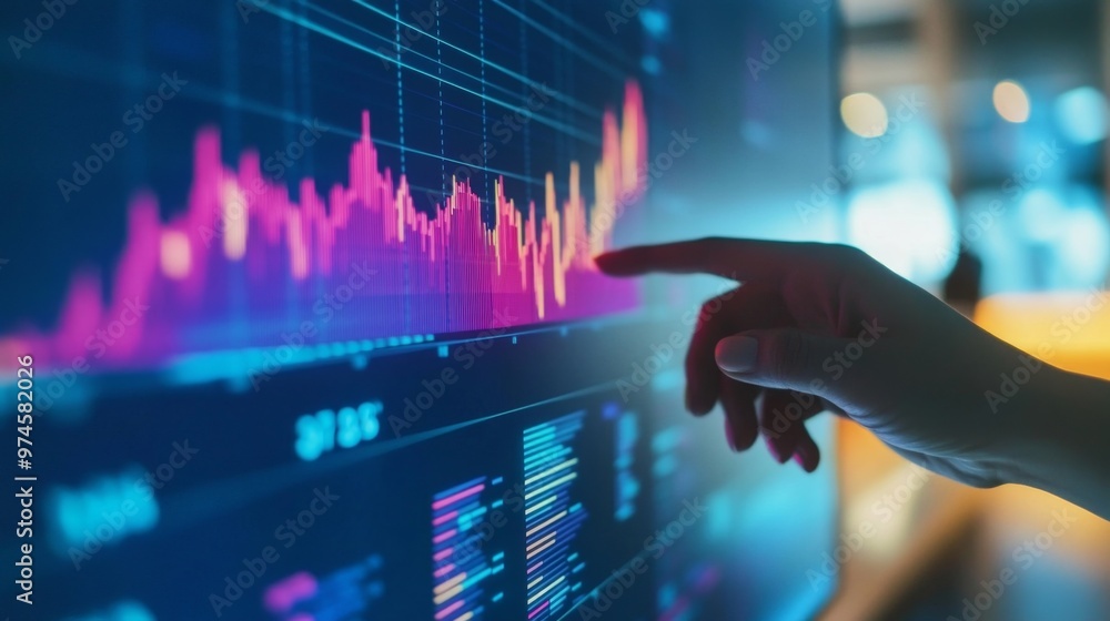 Aufkleber a financial analyst pointing at a colorful line graph on a large monitor, showing stock market trend