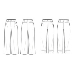 Technical flat sketch set of wide-leg jeans. Relaxed fit pants featuring pintuck details. Tracksuit pants with welt pocket.