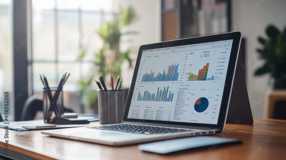 Leinwandbilder A financial analysts desk with printed charts and graphs showing financial data, alongside a laptop displaying a digital graph. The image conveys a sense of business analysis and decision-making.
