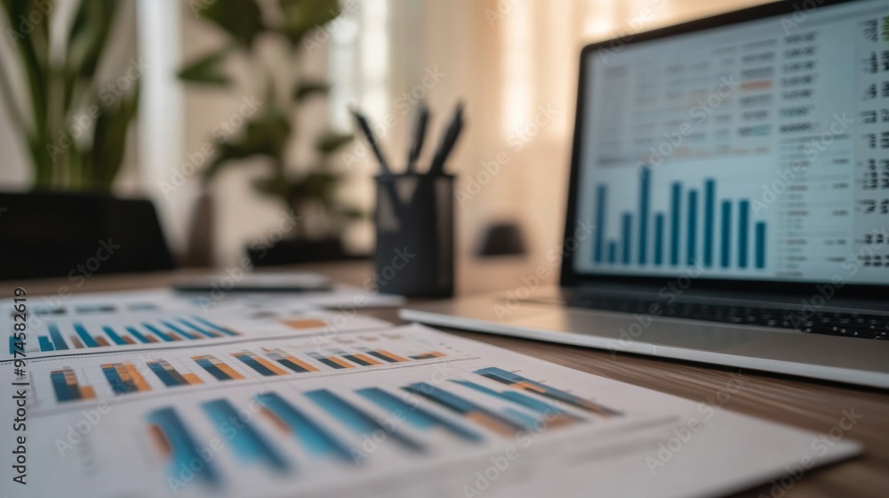 Poster a financial analysts desk with printed charts and graphs showing financial data, alongside a laptop 