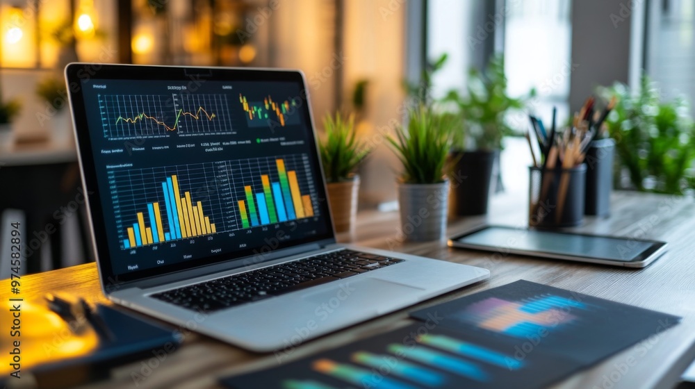 Aufkleber A financial analysts desk with printed charts and graphs showing financial data, alongside a laptop displaying a digital graph. The image conveys a sense of business analysis and decision-making.