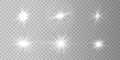 White glowing light explodes on a transparent background. Sparkling magical dust particles. Bright Star. Transparent shining sun, bright flash. Vector sparkles. To center a bright flash.	
