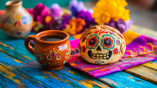 un pan de muerto decorado de calavera con una taza de cafe tradicional en mexico sobre una mesa de madera con un matel  flores decorativos coloridos tradicion y cultura mexicana