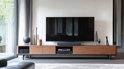 A contemporary media console with a large flat-screen TV and decor