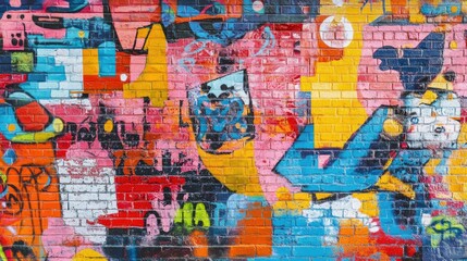 Fototapeta premium Colorful graffiti art covering an entire brick wall, featuring bold, abstract designs and eye-catching patterns.