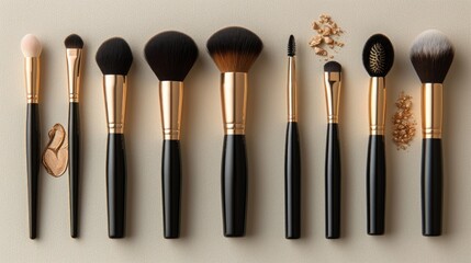 An elegant array of makeup brushes arranged artistically on a soft neutral backdrop with accents. Generative AI