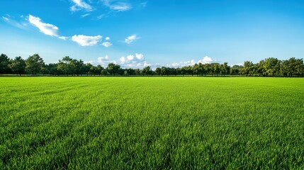 Obraz premium Expansive green grass field under a bright blue sky, ideal for outdoor activities or a relaxing picnic.