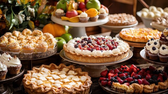 A close-up of a Thanksgiving dessert table filled with a variety of pies cupcakes and fruits against a backdrop of dark wood and vintage decor