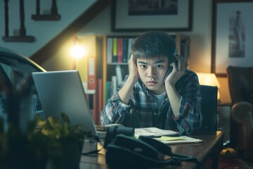 A young man is sitting at a desk with a laptop and a phone