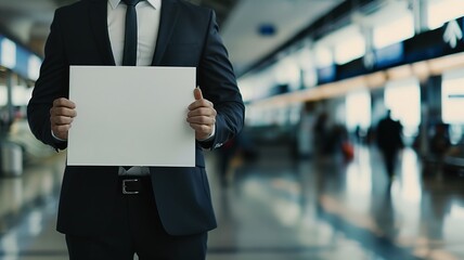 Fototapeta premium Man in business suit at airport holding blank sheet of paper, concept of transfer, greeting, meeting, welcome, travel, waiting, business, relocation.