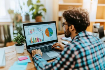 An entrepreneur is using a laptop to analyze data on a table