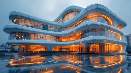 A modern architectural marvel illuminated at twilight showcasing fluid design and reflective surfaces. Generative AI
