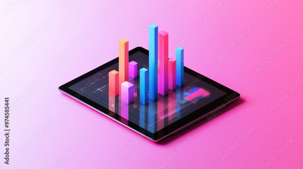 Aufkleber A flat lay of a digital tablet showing a 3D bar graph, with bars popping out of the screen, symbolizing interactive data analysis in a modern business setting.
