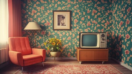 Retro Nostalgia - 1980s Styled Room with Colorful Wallpaper and Vintage Furniture for Text Space...